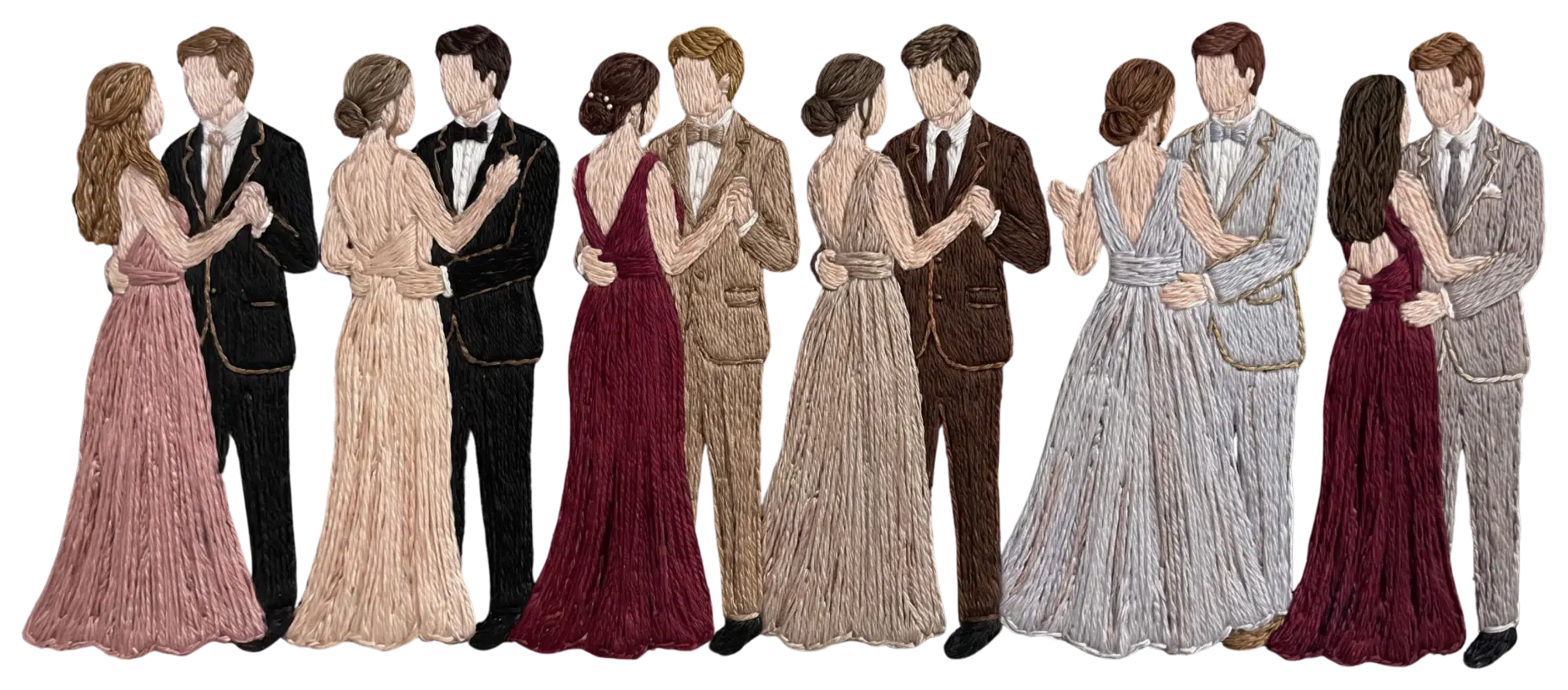 Embroidered illustration of six couples in formal evening wear dancing side by side